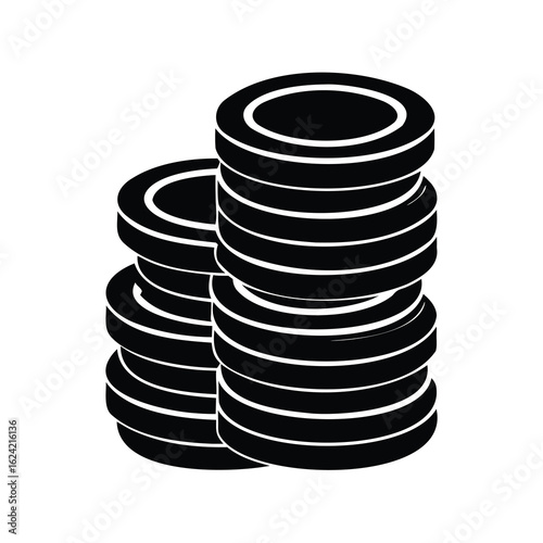 Monochrome stacks of round objects represent resources, wealth, or storage capacity