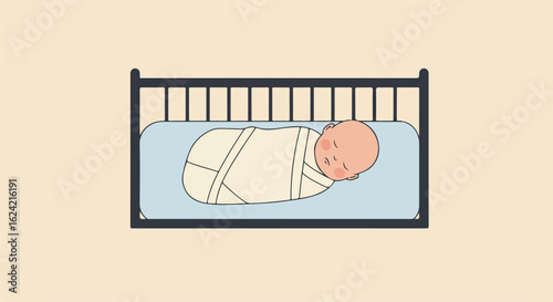Swaddled baby sleeps in crib on neutral background for nursery design, healthcare