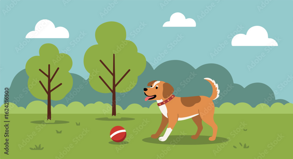 Dog walks towards ball, sunny park, trees, clouds, use for pet product advertising Dog walks towards ball, sunny park, trees, clouds, use for pet product advertising