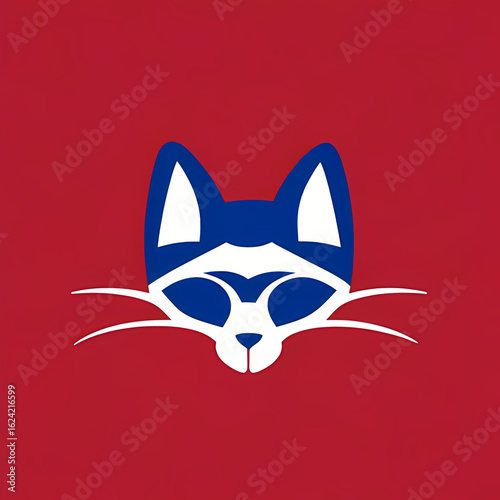 simplified, stylized blue and white whiskered cat head logo/symbol/mascot/icon on red background