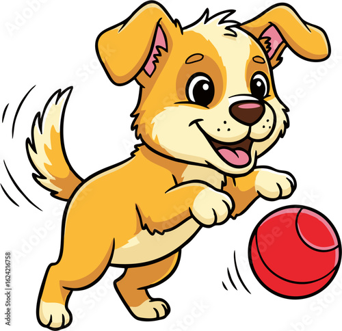 A playful cartoon puppy dog character jumping to catch a red ball. Adorable happy pet vector illustration.