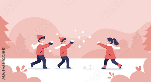 Children play snowballs in winter forest. Festive social media illustration