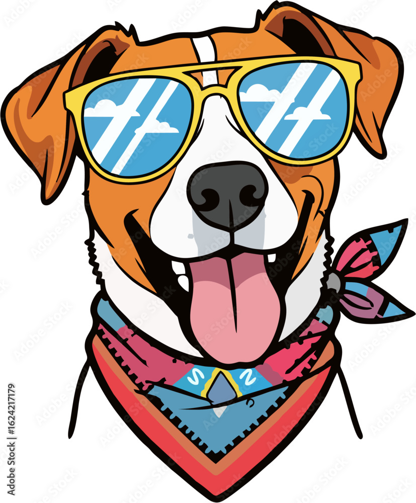 Naklejka premium Happy dog portrait illustration wearing cool sunglasses and a colorful bandana. Cool canine 3 vector design.
