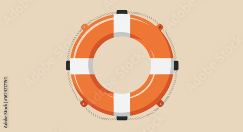 Orange Life Ring with Rope on Beige Background for Water Safety and Rescue Aid