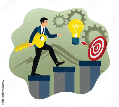 A businessman climbs the ladder while carrying a key to reach the target.