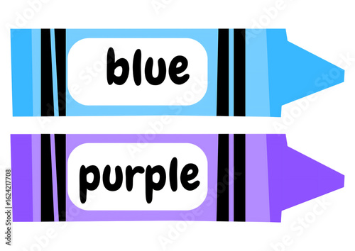 Blue and Purple Crayons with Color Names in Playful Style isolated on a transparent background learning