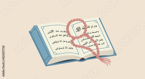 Holy book rests with prayer beads on beige for religion concepts