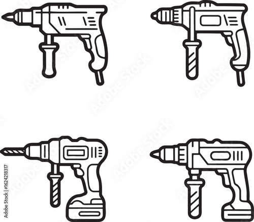 Set of Drilling machine Outline vector illustration isolated On Transparent Background