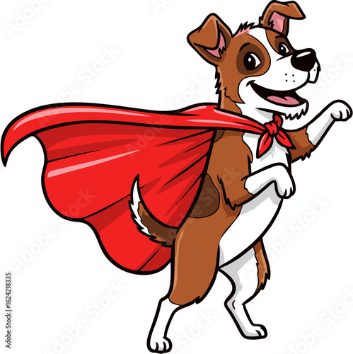 Brave superhero dog cartoon mascot with a flowing red cape. Heroic canine vector character.