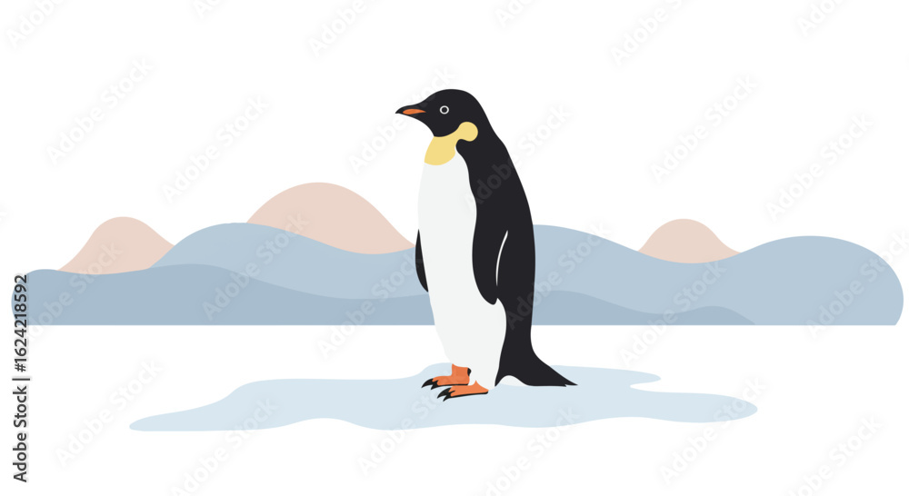 Obraz premium Emperor penguin stands on ice floe with mountains in background, for education use
