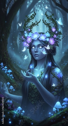 Fantasy Woman with Ivy Hair and Butterflies in Enchanted Forest –fantasy woman, Mystical Portrait
