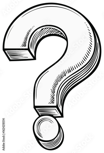 Classic question mark symbol illustration with shading and engraving style.
