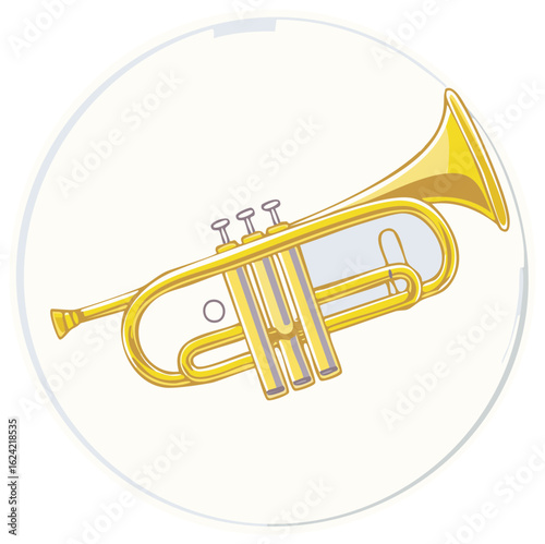 Golden Trumpet Musical Instrument with Valves in a Circular Frame