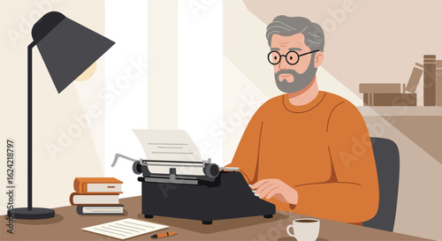 Senior man writes novel on typewriter with bookshelf background for web design
