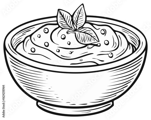 Hand drawn bowl of creamy dip with fresh herbs vintage style line art illustration