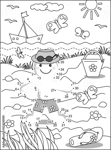 Cute and handsome gingerbread man having fun at vacation on the beach. Dot-to-dot activity sheet and coloring page.

