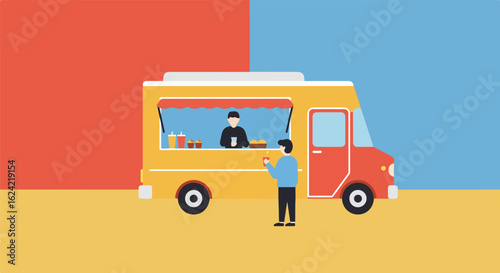 Customer buys food from a food truck with a color-blocked background for a flat design
