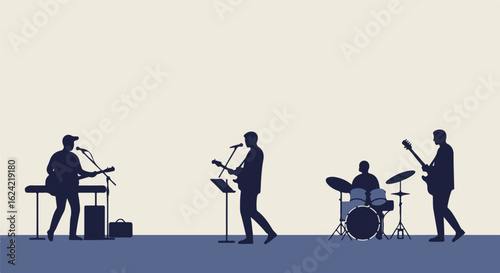 Musicians' silhouettes perform on stage at a gig. Use for music or concert themed designs