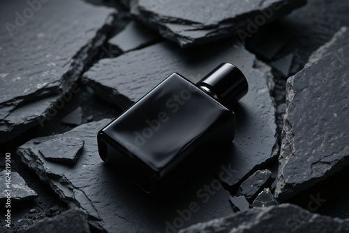 Sleek Black Perfume Bottle on Textured Dark Slate Rocks Minimalist Luxury