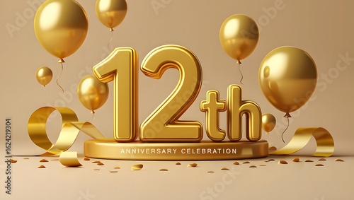 Celebrate the 12th anniversary with golden balloons and ribbons, creating a festive and luxurious atmosphere for a special milestone