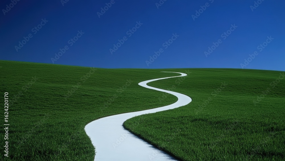 Obraz premium A winding white path stretches across a vibrant green landscape under a clear blue sky.