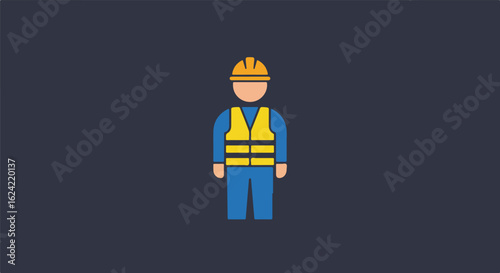 Icon of worker with hard hat and safety vest. Background is plain. For vector use