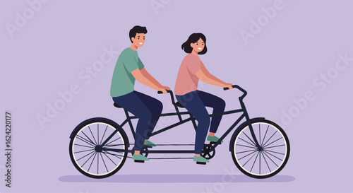 Couple rides tandem bicycle; simple background for use in blog, infographic, ad
