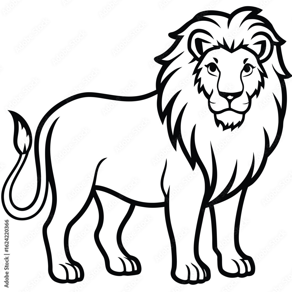 Obraz premium Black and White Lion Illustration Standing Proudly with Detailed Mane and Tail