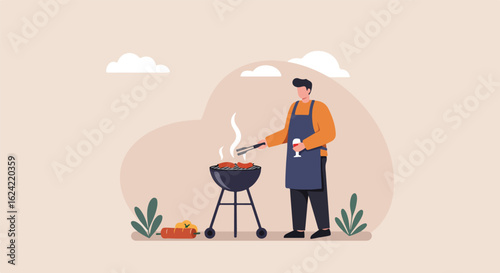 BBQ Grill Man grilling sausages with a wine glass, against a summer cloudscape