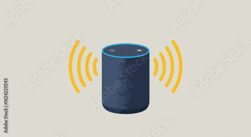 Voice assistant device. Sound waves are emanating from it, isolated on neutral background