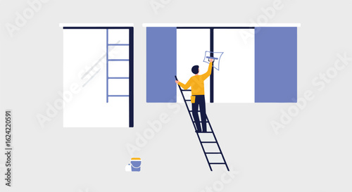 Person on ladder painting a wall by the window in room, for home renovation project