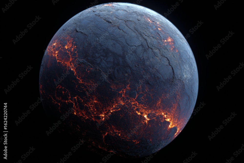 Fototapeta premium Fiery alien planet with glowing lava fissures against a dark cosmic backdrop
