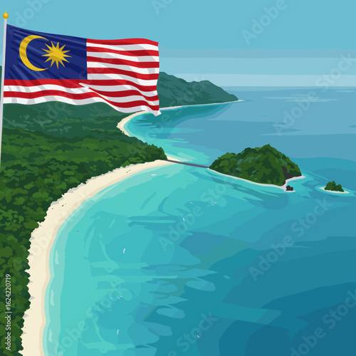 A pristine beach with turquoise waters and lush vegetation under the Malaysian flag, symbolizing the country's natural beauty and tranquil environments.
