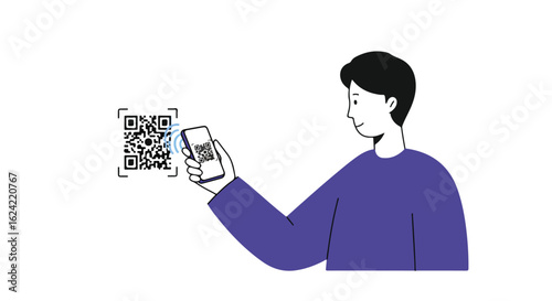 Man scans a QR code on the wall with his phone on a plain background