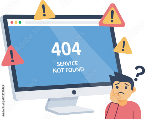 Frustrated user encounters a 404 error, service unavailable on computer screen.