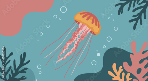 Illustrated jellyfish drifting in ocean with coral and bubbles. Use education