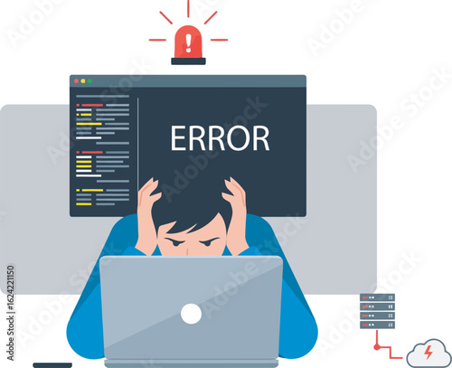 A frustrated person with head in hands sits before a laptop displaying "ERROR", with a flashing red light above.