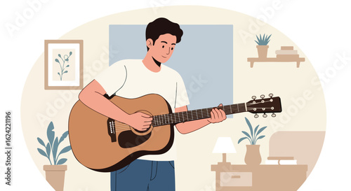 Male playing acoustic guitar at home; decor, plant, and frame in background. Illustration