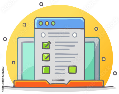 Online survey form on laptop screen with green checkmarks in cartoon style illustration