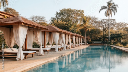 Serene Poolside Cabanas with Soft Morning Light