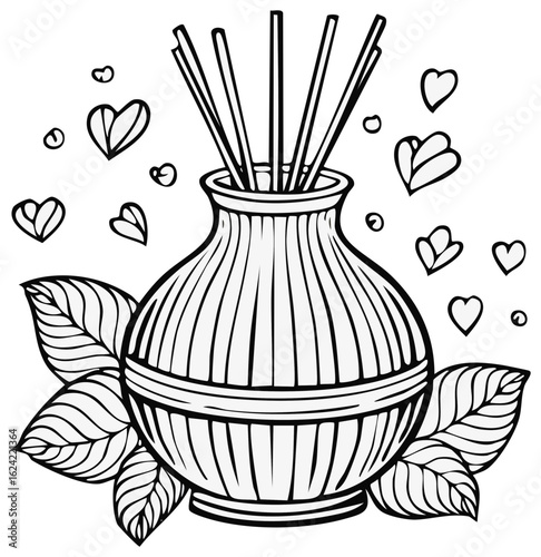 Aromatherapy reed diffuser with hearts and leaves line art drawing for wellness and relaxation