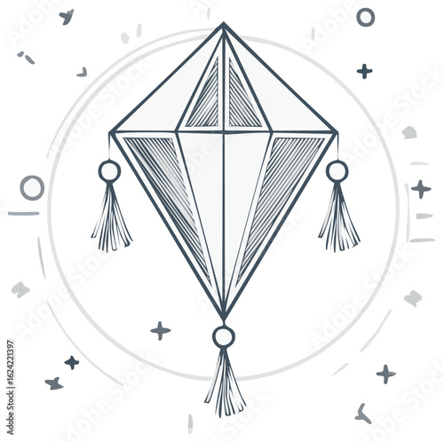 Whimsical hand drawn kite or decorative lantern with tassels abstract doodle illustration art