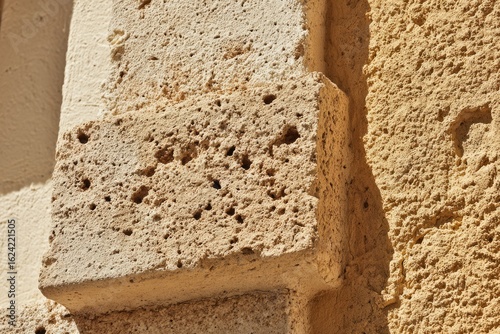 Close up of rustic stone bricks with textured surfaces and natural warm tones