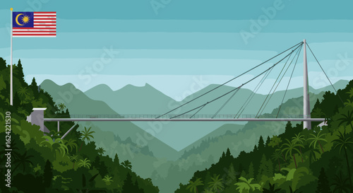  scenic view of a suspension bridge set in the lush, mountainous terrain of Malaysia with the flag flying high, symbolizing the fusion of natural beauty and modern infrastructure.