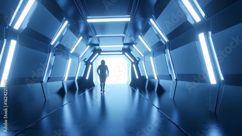 Futuristic Corridor -  Silhouette Figure Walking Towards Light