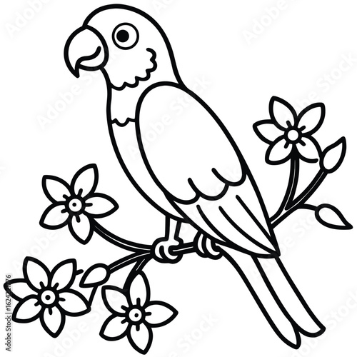 Line Art Illustration Parrot on a Branch with Flowers Coloring Page