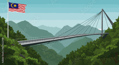  scenic view of a suspension bridge set in the lush, mountainous terrain of Malaysia with the flag flying high, symbolizing the fusion of natural beauty and modern infrastructure.