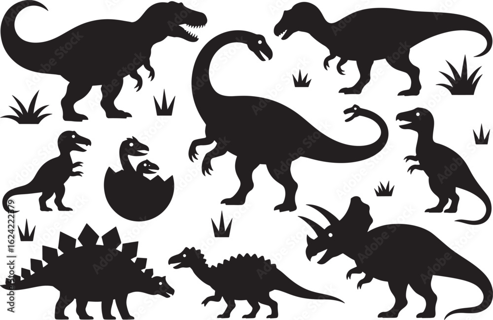 Collection of dinosaur silhouettes in various poses and species Collection of dinosaur silhouettes in various poses and species