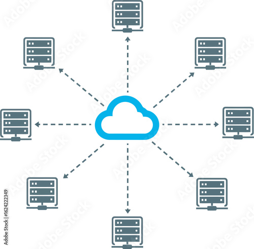 A network diagram showing a central cloud connected to multiple server computers via dotted lines, representing data transfer.