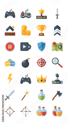 A collection of flat design icons representing various elements and actions commonly found in video games, including controllers, trophies, weapons, power-up...